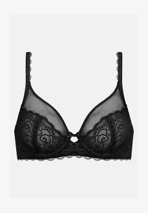 Sort blondel med gennemsigtige mesh-paneller, blomsterlacemønster, justerbare stropper og dekorerede bølgede kanter. Nøglehul-detail foran.