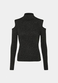 Czarny, długi rękaw golf z wycięciami na ramionach, wykonany z teksturowanej dzianiny z subtelnymi metalicznymi drobinkami.