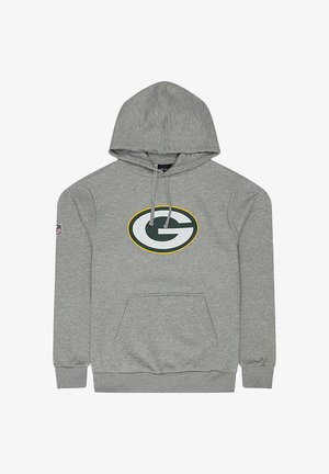 Grauer Kapuzenpullover mit einer Fronttasche, einer Kordelzugkapuze und einem runden Green Bay Packers-Logo in Grün, Weiß und Gelb in der Mitte.