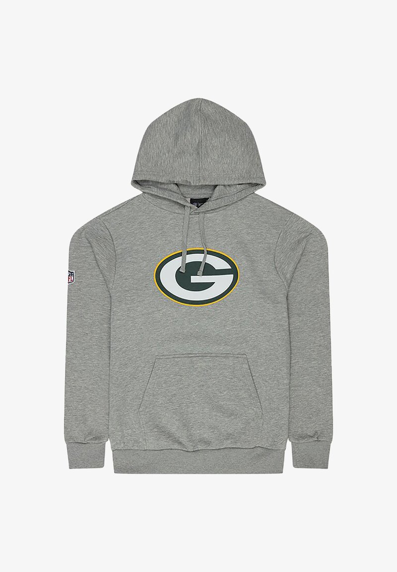 Grauer Kapuzenpullover mit einer Fronttasche, einer Kordelzugkapuze und einem runden Green Bay Packers-Logo in Grün, Weiß und Gelb in der Mitte.