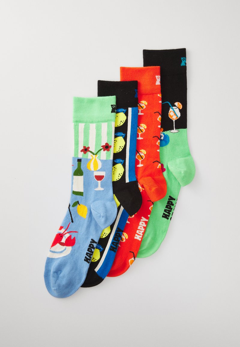 Five pairs of colorful socks arranged in a row. Each features distinct patterns: drinks, fruits, seafood, and a striped design.