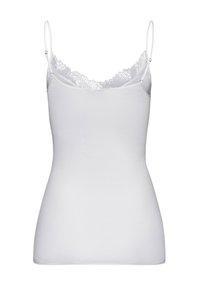 Vit linne med justerbara spaghettiarmband, med spetsdetalj vid halsringningen. Mjukt tyg med en figurnära design.