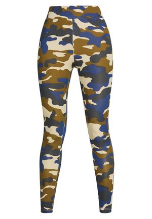 Camouflage leggings in beige, brown, and blue, made from stretchy material. Features a high waistband and smooth texture across the legs.