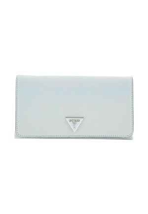 Portefeuille texturé bleu clair avec un accent logo argenté en forme de triangle. Il dispose d'une fermeture à rabat et de coutures de bord contrastantes.