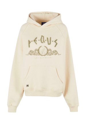 Cremefarvet hoodie lavet af blødt stof, med en kængurulomme, snøre i hætten og dekorative olivengrønne printede grafikker.