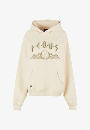 Kreemivalge kapuutsiga pusa, mis on valmistatud pehmest kangast, omab kängurupüksi, reguleeritavat kapuutsi ning dekoratiivseid oliivroheline trükiseid.