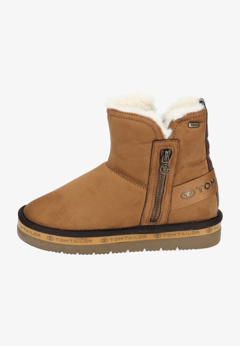 Brown suede ankle boots with faux fur lining, side zipper, and contrast rubber sole featuring Tom Tailor branding along the edge.