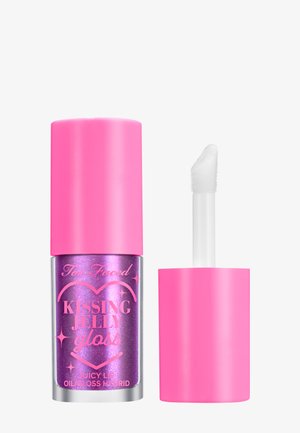 Lippenbalsam mit Glanz in einem glitzernden lila Behälter und einem leuchtend pinken Deckel. Verfügt über einen weißen Applikator für eine einfache Anwendung.