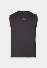 T-shirt de sport sans manches noir, fabriqué en tissu lisse, avec un col rond et un détail de logo discret sur le devant.