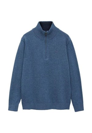 Pull bleu en maille épaisse avec un col montant et une fermeture éclair à quart. Présente une texture lisse, des poignets côtes et un ourlet droit.