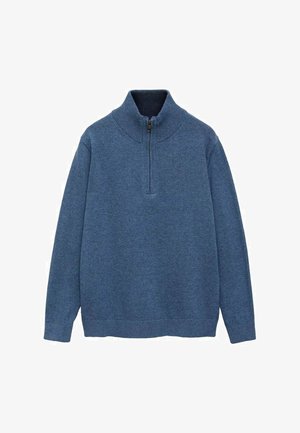 Blauer, dick gestrickter Pullover mit hohem Kragen und Viertel-Reißverschluss. Besitzt eine glatte Textur, gerippte Bündchen und einen geraden Saum.