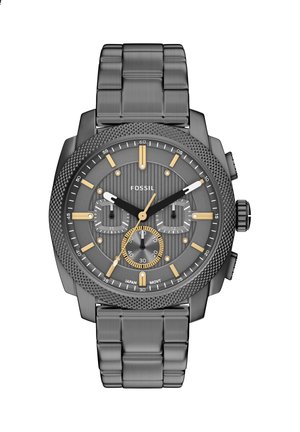 Herrenuhr von Fossil mit analogem Zifferblatt in Grau, goldfarbenen Stundenmarkierungen, schwarzen und weißen Zeigern, Chronographen-Unterzifferblättern und einem Gliederarmband aus Edelstahl.