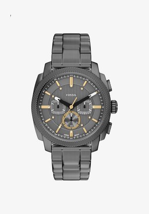 Herenhorloge van Fossil met analoge wijzerplaat in grijs, goudkleurige uurmarkeringen, zwarte en witte wijzers, chronograafsubwijzers en een band van roestvrijstalen schakels.