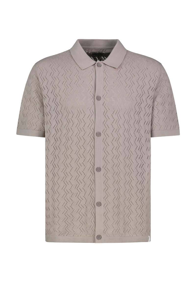 Kurzarm-Polohemd aus leichtem beige Strick, mit einem strukturierten Zickzackmuster, einem Kragen und fünf vorderen Knöpfen.