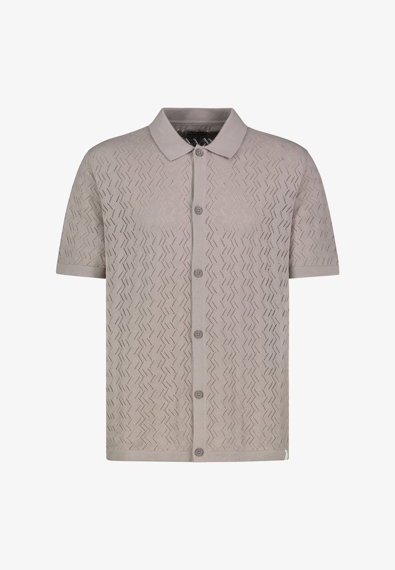 Kurzarm-Polohemd aus leichtem beige Strick, mit einem strukturierten Zickzackmuster, einem Kragen und fünf vorderen Knöpfen.