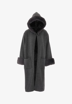 Grijze houndstooth badjas met een capuchon, voorzien van een zachte voering, brede mouwen en twee voorzakken. Zachte textuur, open voorkant ontwerp.