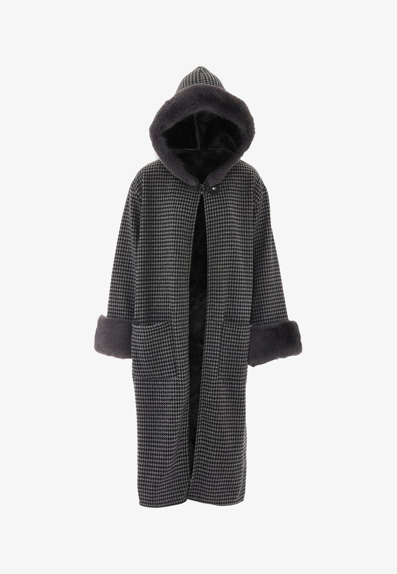 Grau-karierte Robe mit Kapuze, ausgestattet mit einem weichen Innenfutter, weitem Ärmeln und zwei vorderen Taschen. Weicher Stoff, offenes Frontdesign.