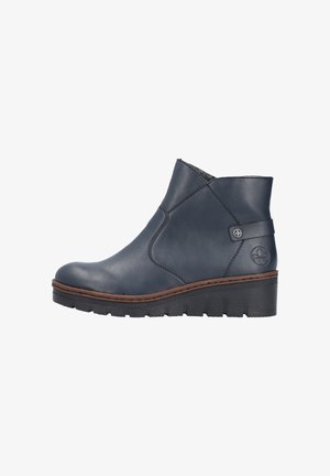 Navy blue leather ankle boots with a curved design, rubber sole, and decorative button detail on the side. Stitched accents near the sole.