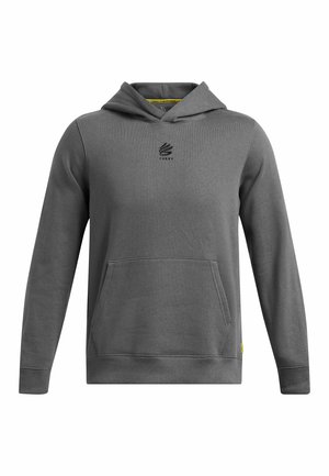 Grå hoodie i mjukt material med framficka. Har en hätta med dragsko och svart logga på bröstet. Ribbad mudd och nederkant.