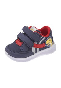 Modré textilní tenisky s červenými akcenty, bílou podrážkou, suchým zipem a grafikou dinosaura na patě. Na bocích mají stříbrné pruhy.