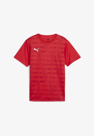 Tricou atletico roșu cu mânecă scurtă, fabricat dintr-un material ușor, cu un model subtil și un logo alb Puma pe piept.