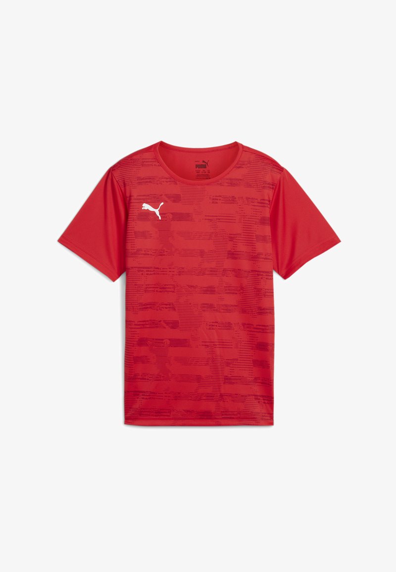 Camiseta atlética roja de manga corta, hecha de un tejido ligero, con un patrón sutil y un logo blanco de Puma en el pecho.