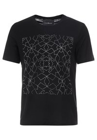 Černé bavlněné tričko s geometrickým stříbrným vzorem vpředu. Kulatý výstřih a krátké rukávy. Měkká textura, casual design.