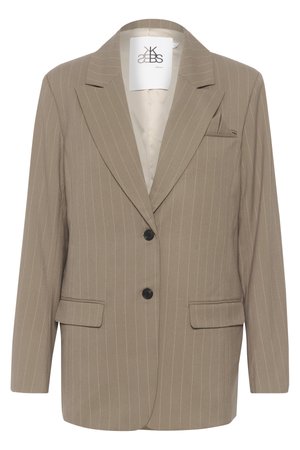Beige Nadelstreifen-Blazer mit strukturiertem Design, einreihig, zwei Fronttaschen und fallendem Revers; mit schwarzen Knöpfen und gefüttertem Innenfutter.
