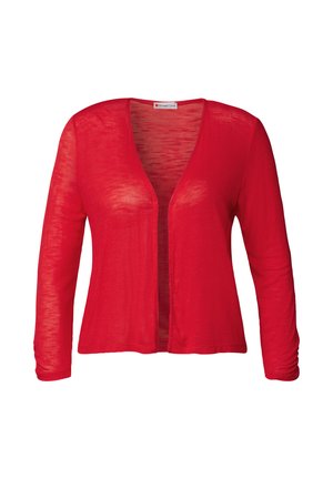 Cardigan lungo rosso con maniche lunghe, realizzato in un tessuto leggero e trasparente, con scollo a V profondo e design aperto sul davanti. Presenta maniche aderenti.