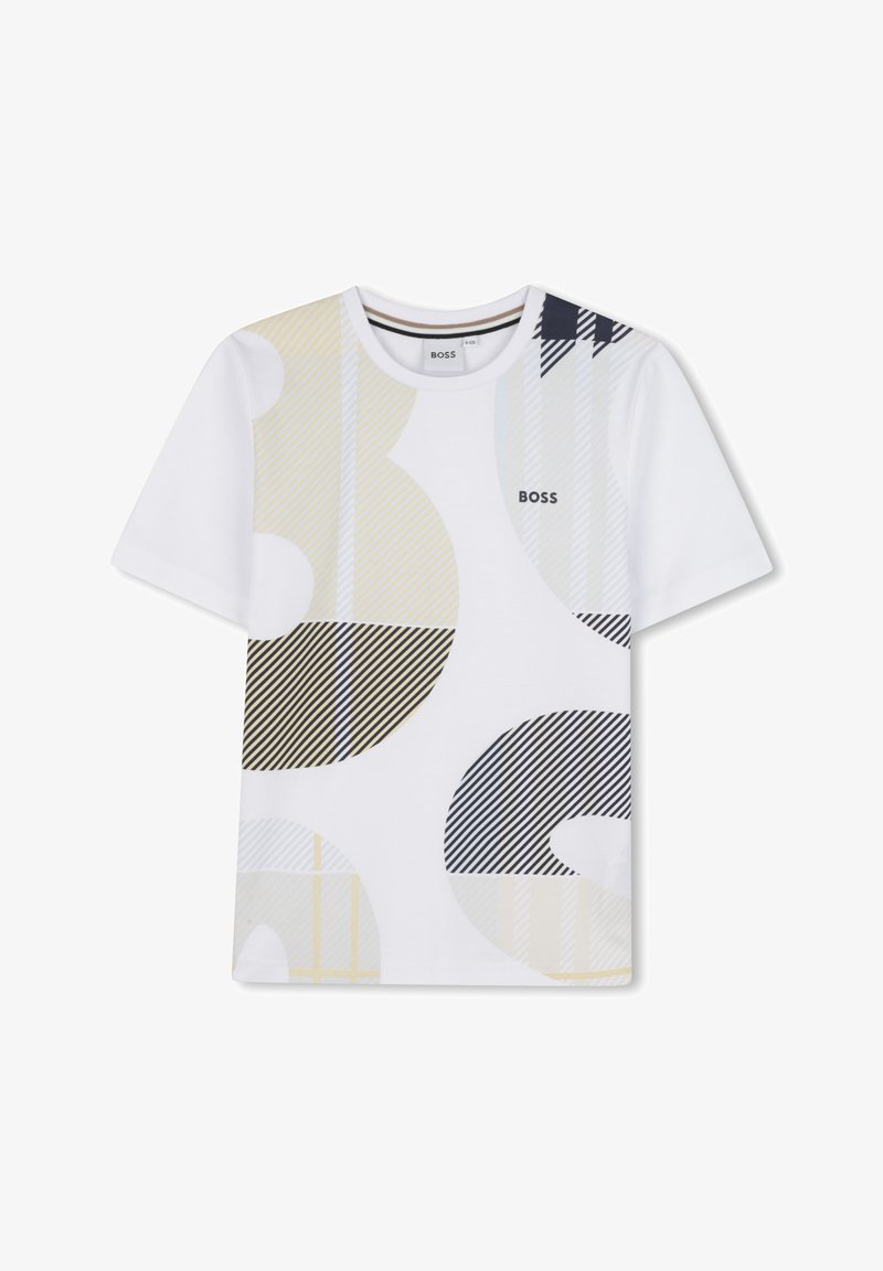 T-shirt blanc à manches courtes avec des motifs géométriques en beige, bleu marine et rayures noires. Doté d'un col rond et du logo "BOSS" sur la poitrine.