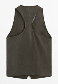 Dark olive green sleeveless racerback tank top with wide shoulder straps and a slightly curved hem.