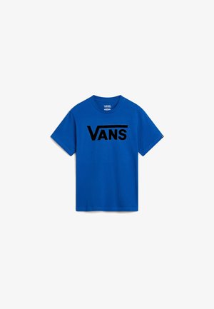 Camiseta de algodón azul de manga corta con un gran logo negro de "VANS" en la parte frontal, con cuello redondo y un corte relajado.