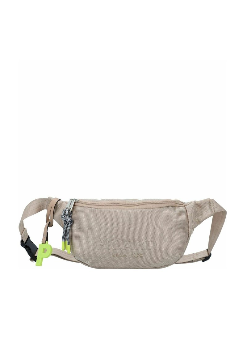 Marsupio in tessuto beige con logo "PICARD" in rilievo, con cursori della zip neri e dettagli in lettere verdi. Cinghia regolabile per adattarsi a diverse misure.
