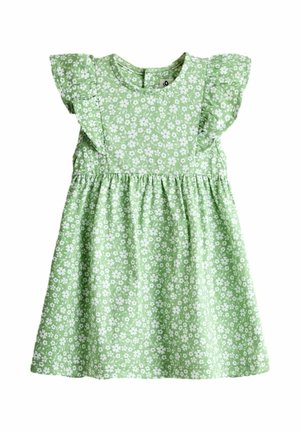 Zielona sukienka dla malucha z białym kwiatowym wzorem, falbaniaste krótkie rękawy i marszczona talia.