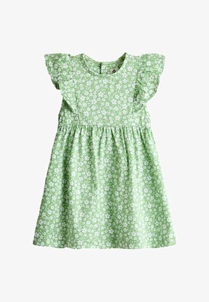 Groene peuterjurk met wit bloemenpatroon, gerimpelde korte mouwen en een gedeelde taille.