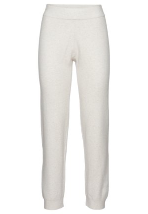 Hellgraue Sweatpants aus weichem Material, mit einem elastischen Bund und schmalen Beinen, die an den Knöcheln gerippte Bündchen haben.
