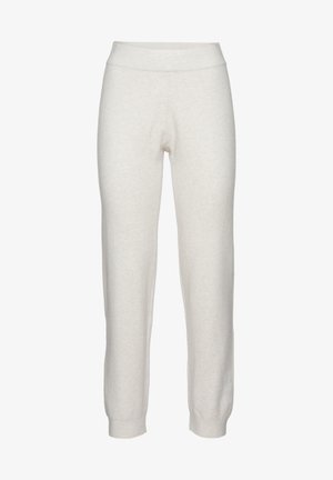 Hellgraue Sweatpants aus weichem Material, mit einem elastischen Bund und schmalen Beinen, die an den Knöcheln gerippte Bündchen haben.