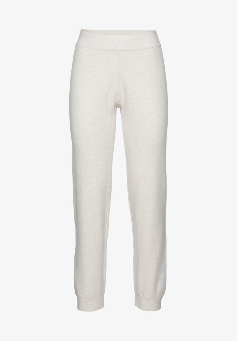 Light grey sweatpants made of soft fabric, featuring an elastic waistband and tapered legs with ribbed cuffs at the ankles.