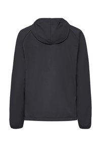 Giacca nera con cappuccio, maniche lunghe, polsini elasticizzati e orlo dritto, vista da dietro su sfondo bianco.