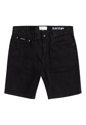 Schwarze Slim-Fit-Denim-Shorts mit Fronttaschen, Gürtelschlaufen und Knopfverschluss, flach auf einem weißen Hintergrund liegend.