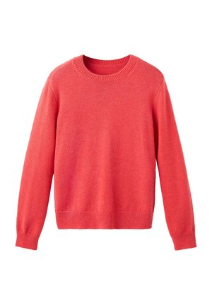 Suéter de punto rosa coral con cuello redondo, mangas largas, puños, cuello y bajo acanalados, presentado sobre un fondo blanco.