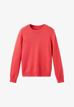 Suéter de punto rosa coral con cuello redondo, mangas largas, puños, cuello y bajo acanalados, presentado sobre un fondo blanco.