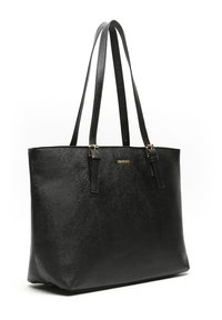 Borsa tote nera con materiale testurizzato, due manici e dettagli in oro nella parte superiore. Forma rettangolare grande, adatta per l'uso quotidiano.