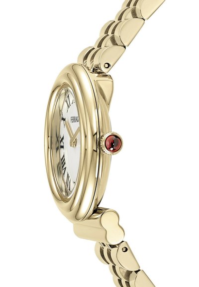 Gold-tone watch with a round case, white dial, Roman numerals, and a red crown accent. Features a linked bracelet design.