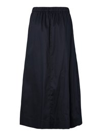 Pantalon large noir avec taille élastique et couture frontale, fabriqué en tissu léger.