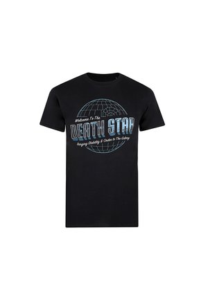 Black cotton T-shirt featuring a graphic design of a globe and text "Welcome To The DEATH STAR" in blue and white. Classic crew neck style.