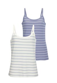 Dos camisetas sin mangas: una en blanco con rayas azules, y la otra en azul claro con rayas blancas. Ambas cuentan con tirantes finos y una textura suave.