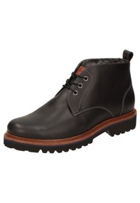 Stivaletto in pelle nera con design allacciato, fodera grigia testurizzata e suola cucita marrone. Presenta una suola in gomma robusta e a pattern.