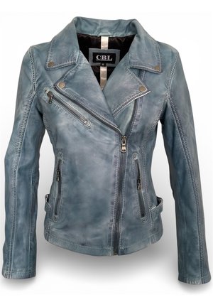 Verbleekte blauwe leren bikerjack met asymmetrische ritssluiting aan de voorkant, ritszakken, klepnek en gestikte details, maat 36.
