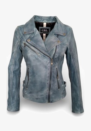 Verbleekte blauwe leren bikerjack met asymmetrische ritssluiting aan de voorkant, ritszakken, klepnek en gestikte details, maat 36.